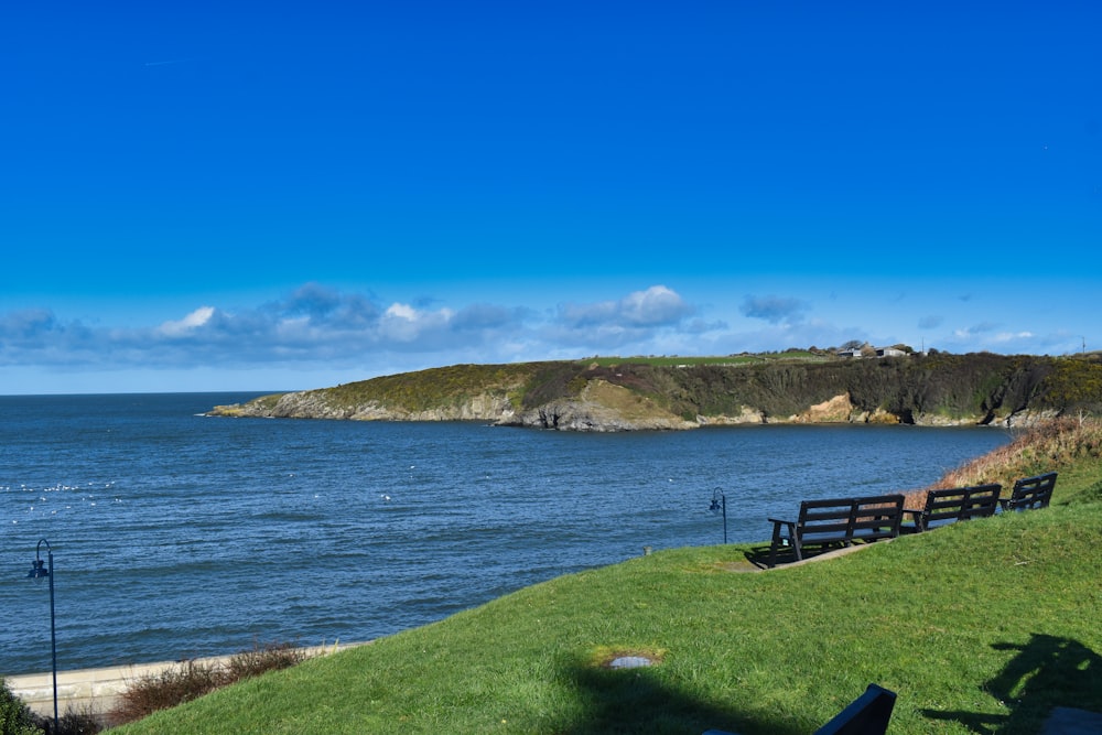 a bench sitting on top of a lush green hillside next to the ocean