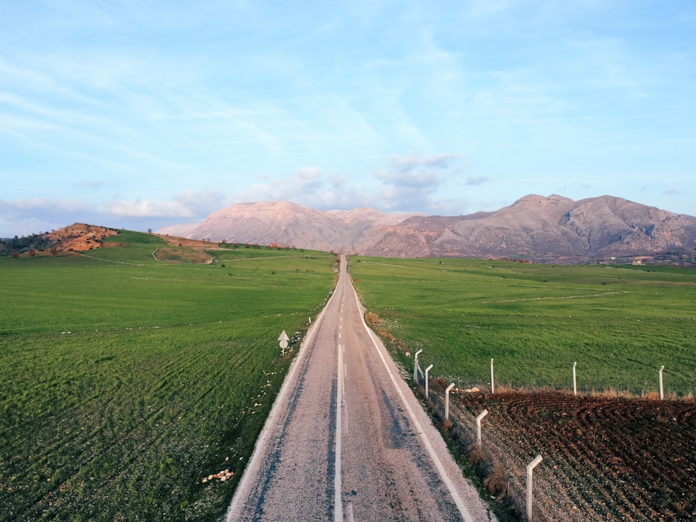 a dirt road in the middle of a green field