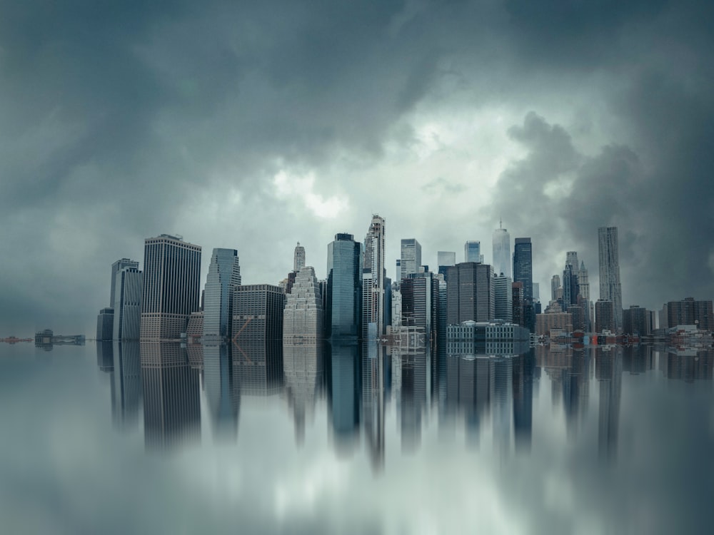 a city skyline is shown in the middle of a body of water