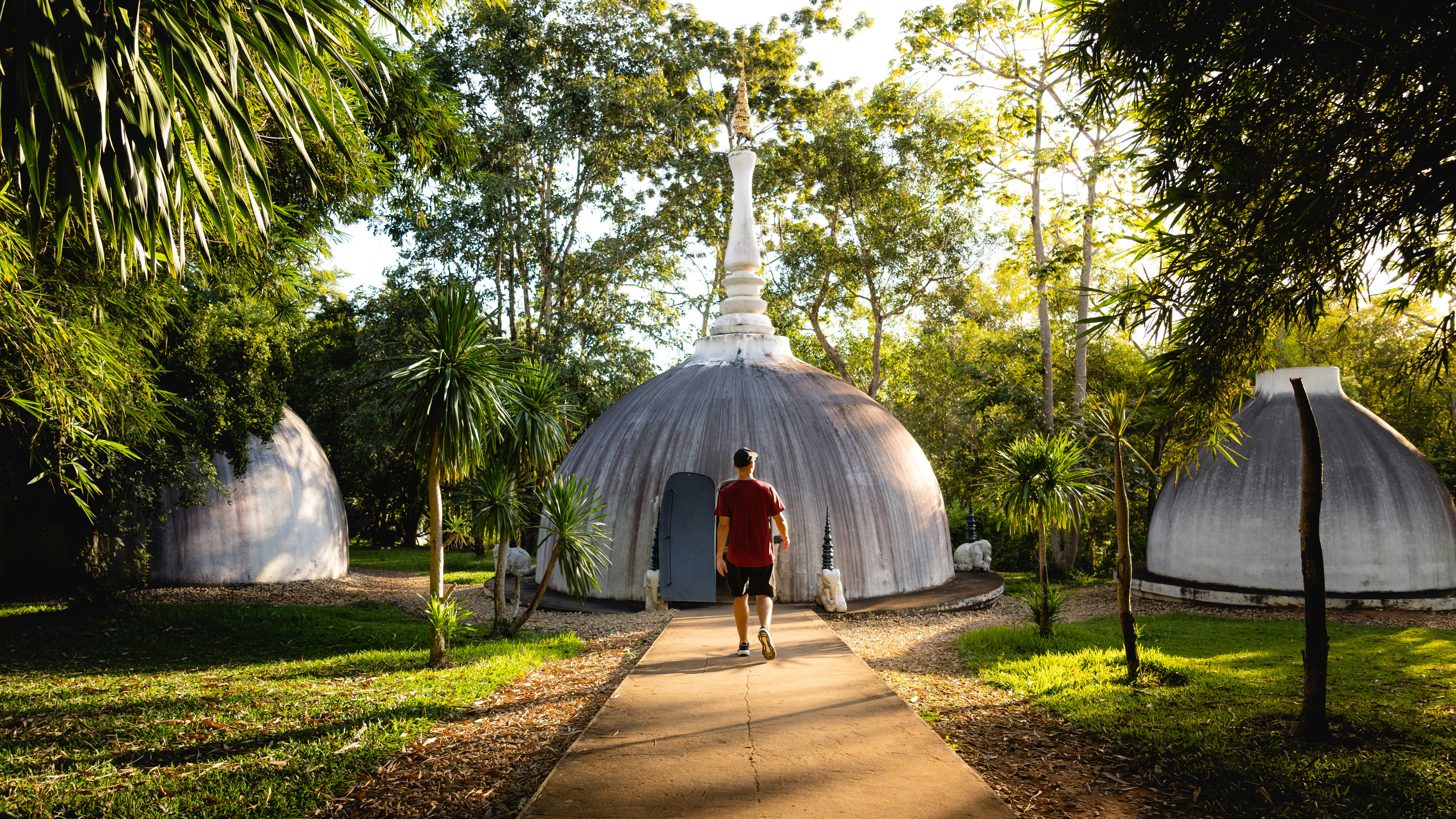 a man walking down a path in a park