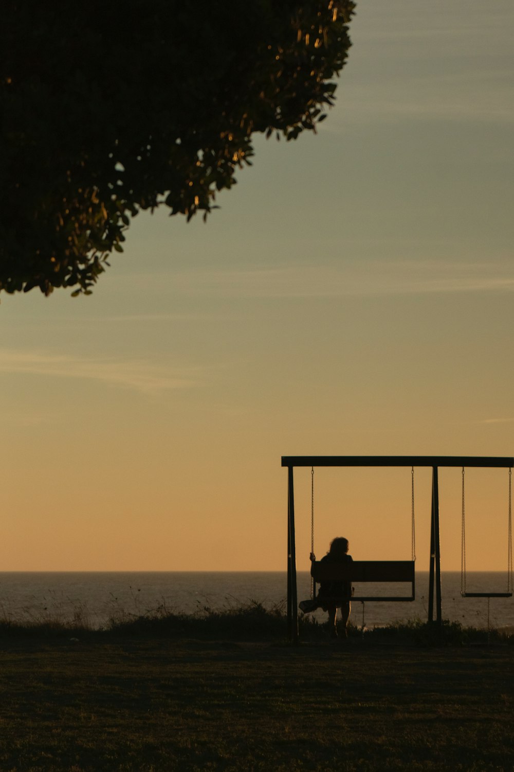 a person sitting on a swing near the ocean