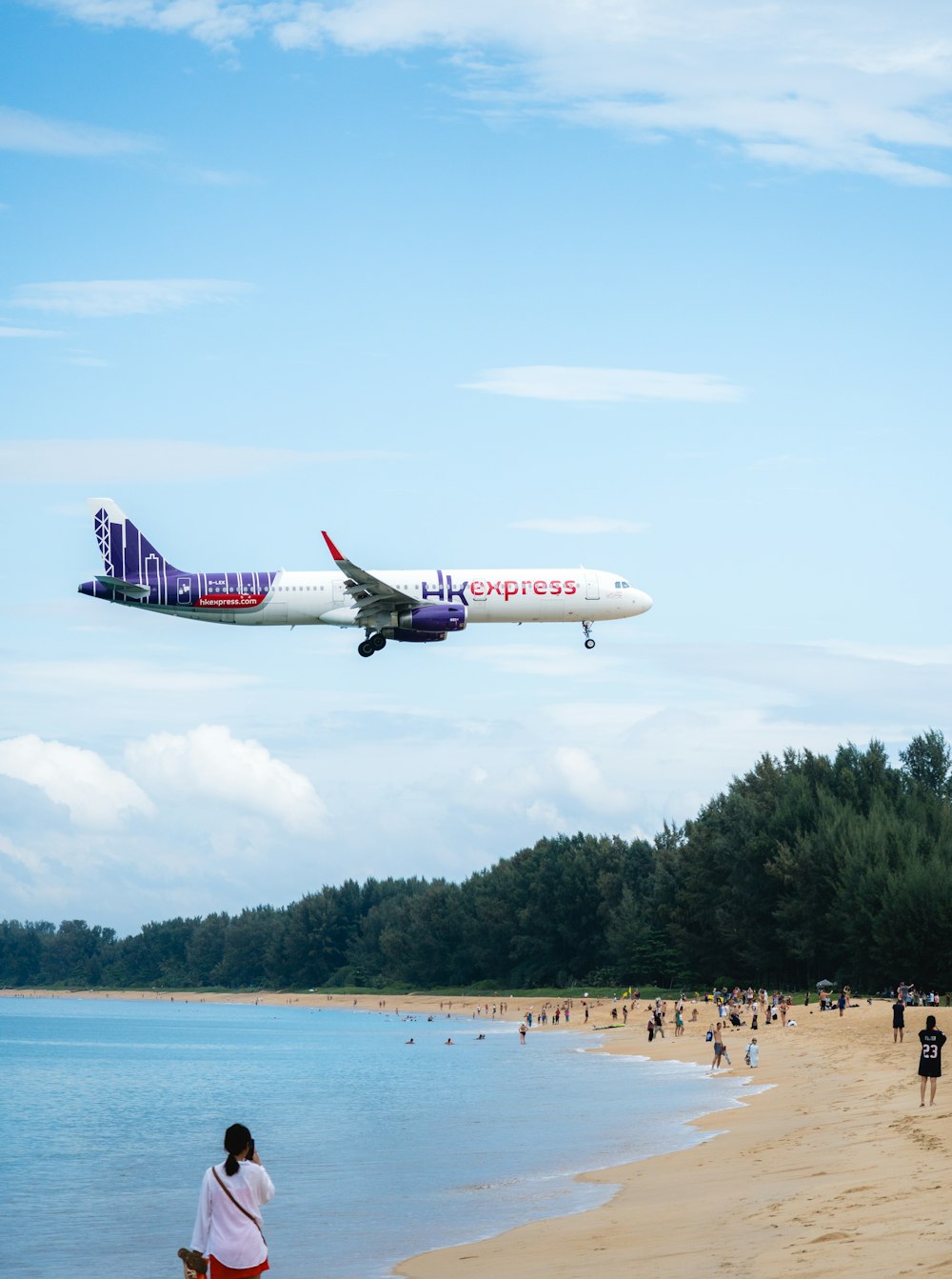 ein großes Düsenflugzeug, das über einen Sandstrand fliegt