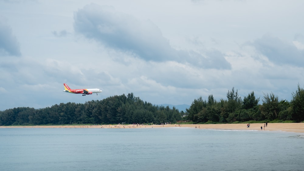 um avião está sobrevoando uma praia e árvores