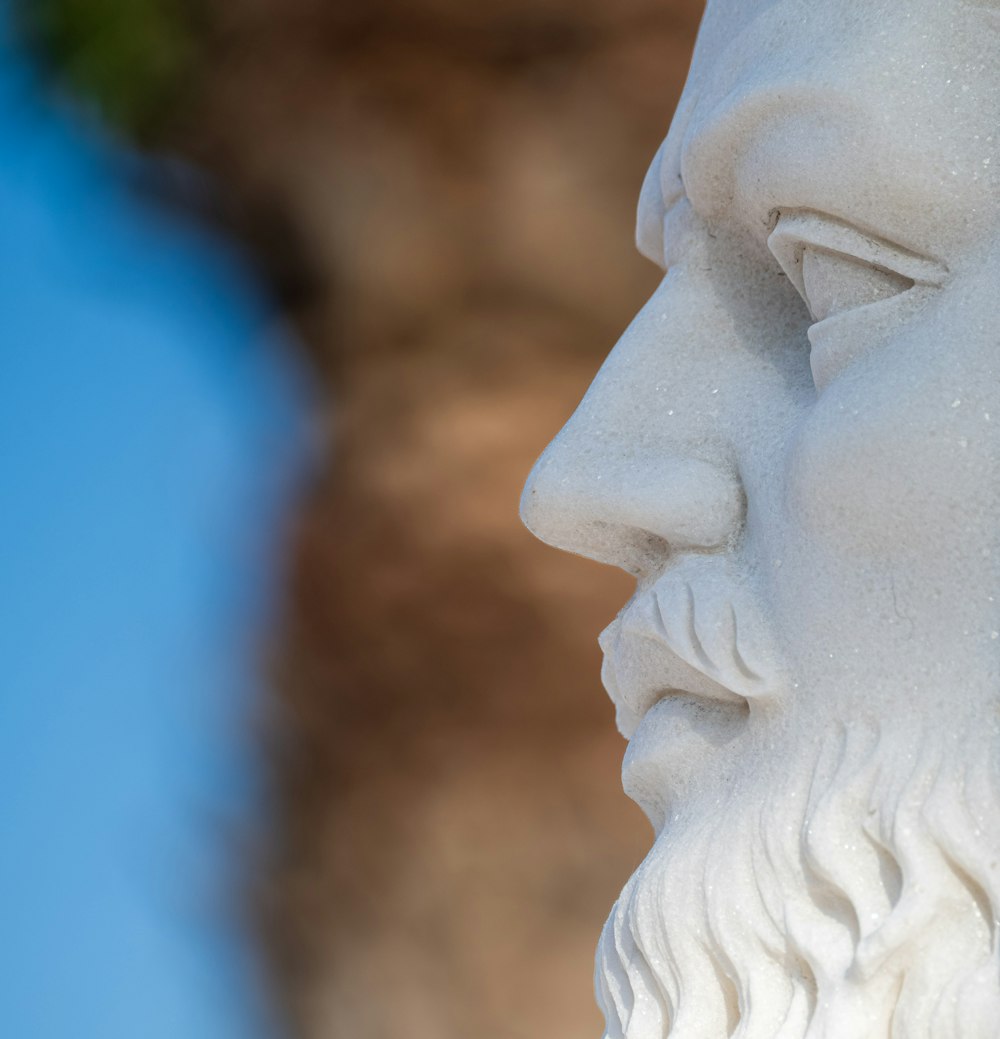 um close up de uma estátua de um homem com barba
