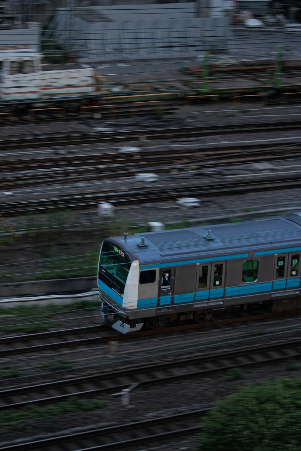 a blue and white train traveling down train tracks