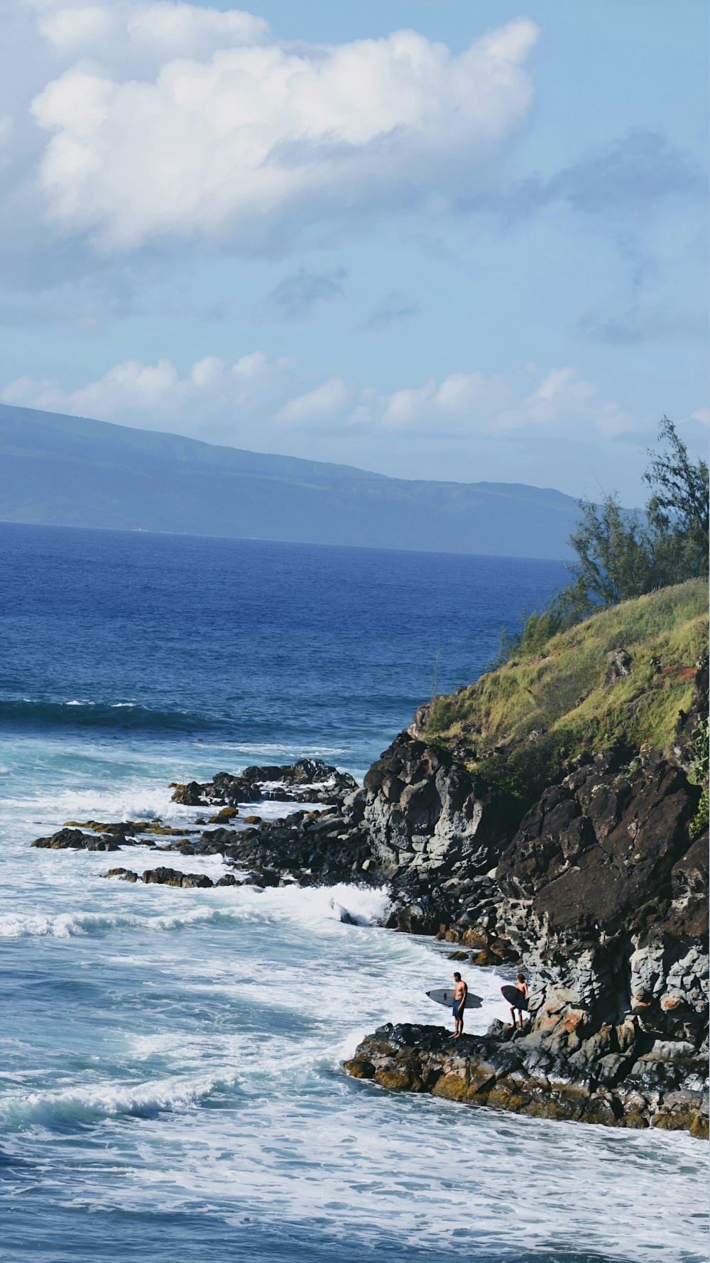 a group of people standing on top of a lush green hillside next to the ocean