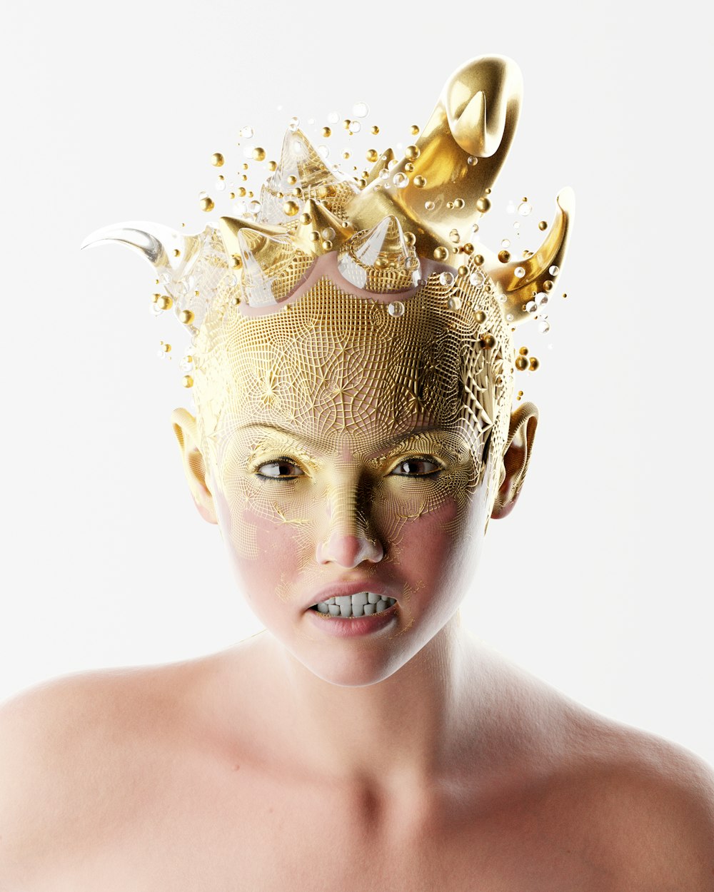 a woman with a golden mask and a gold crown on her head