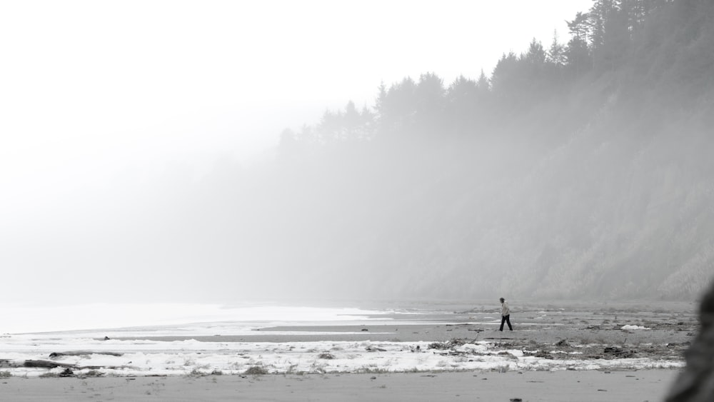 a man standing on top of a beach next to a forest