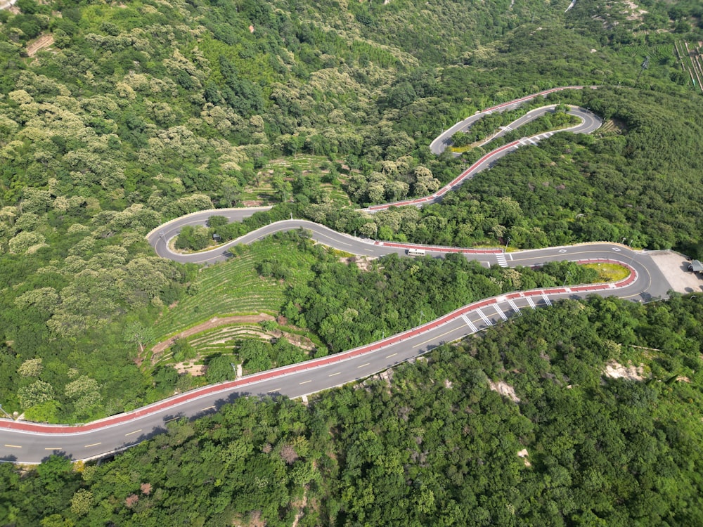 an aerial view of a winding road surrounded by trees