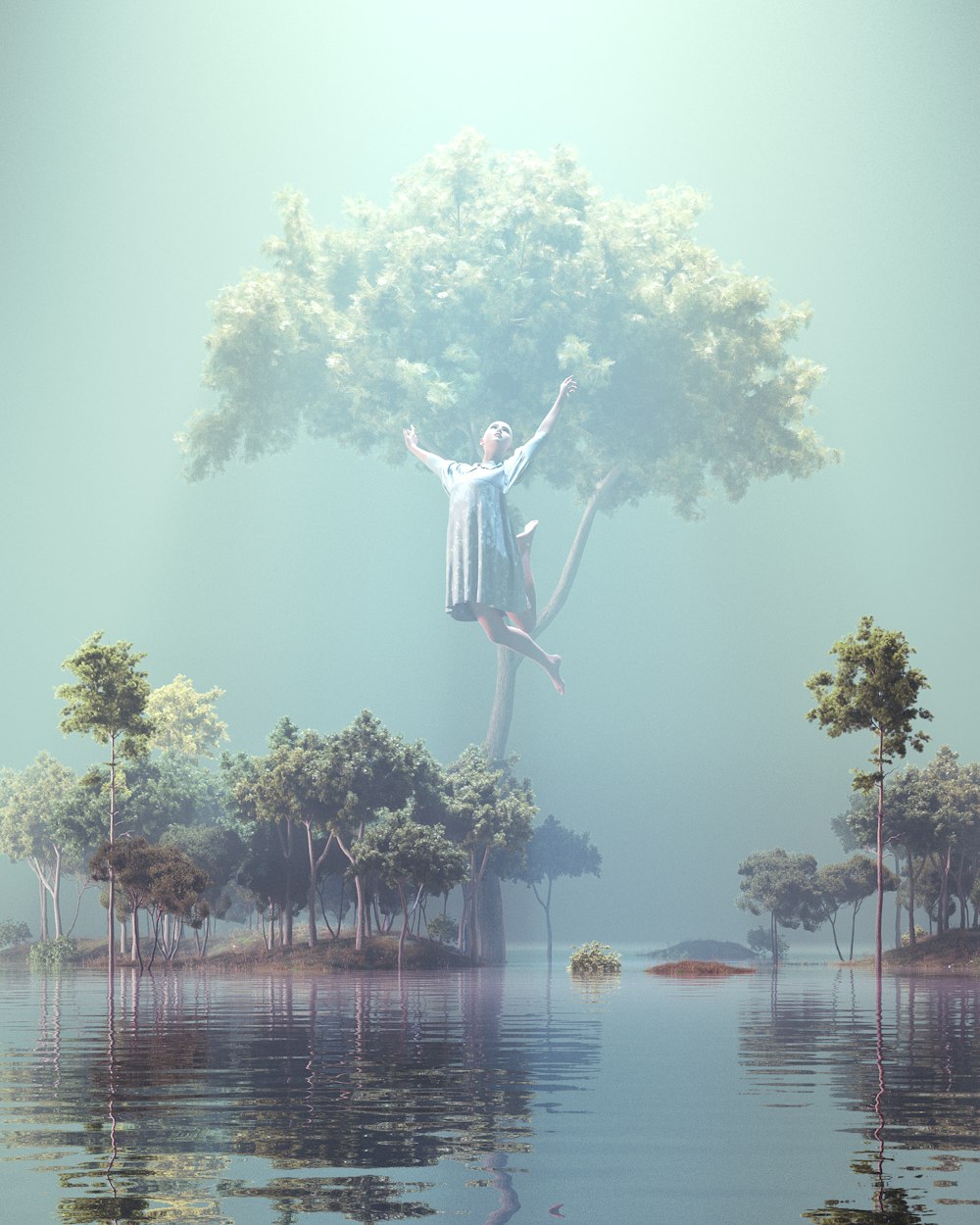a woman standing on a tree in the middle of a lake