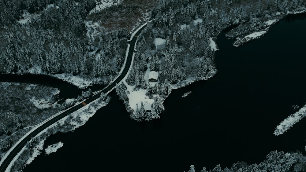 an aerial view of a road in the middle of a forest