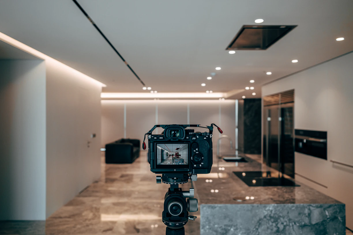 a camera set up to take a picture of a living room