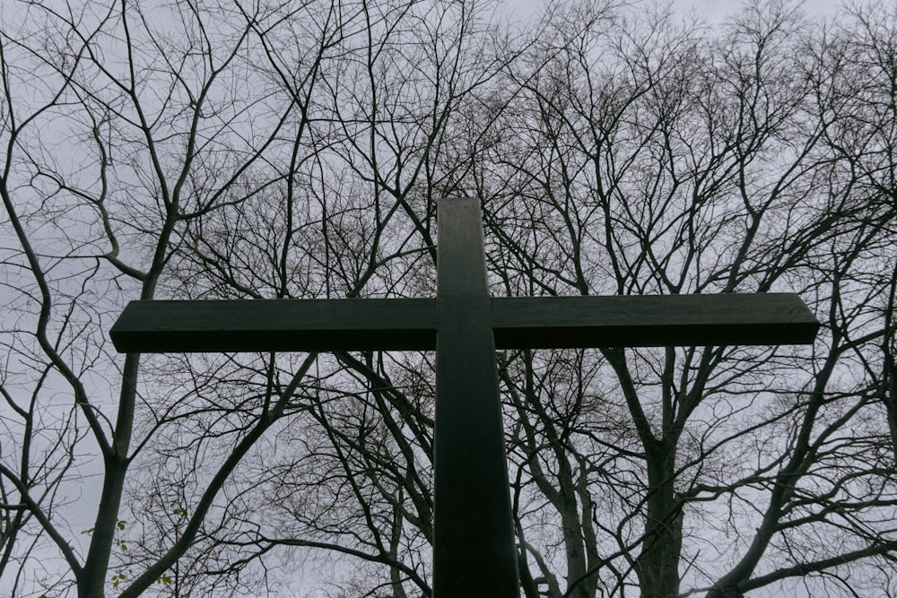 a wooden cross in front of some trees