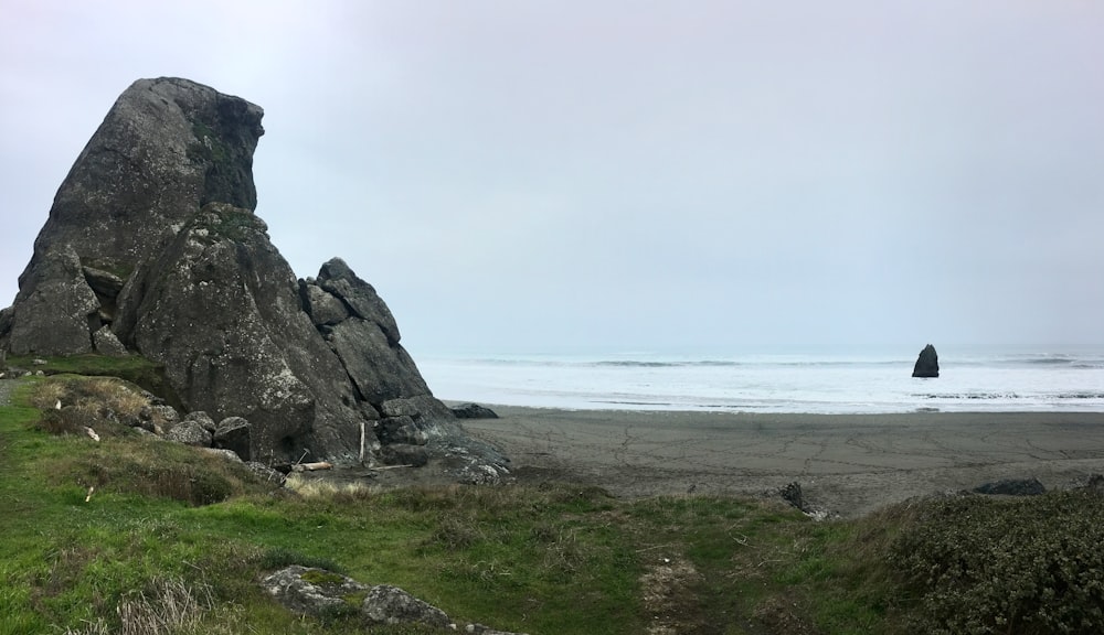 a large rock sitting on top of a lush green field