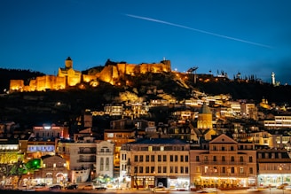 a night view of a city with a castle on a hill in the background