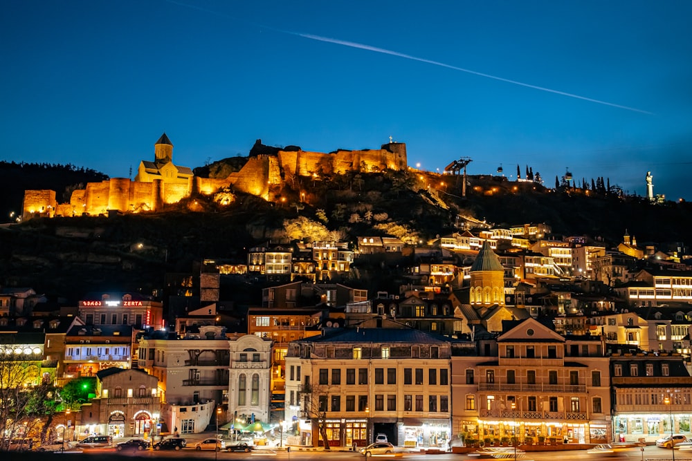 a night view of a city with a castle on a hill in the background