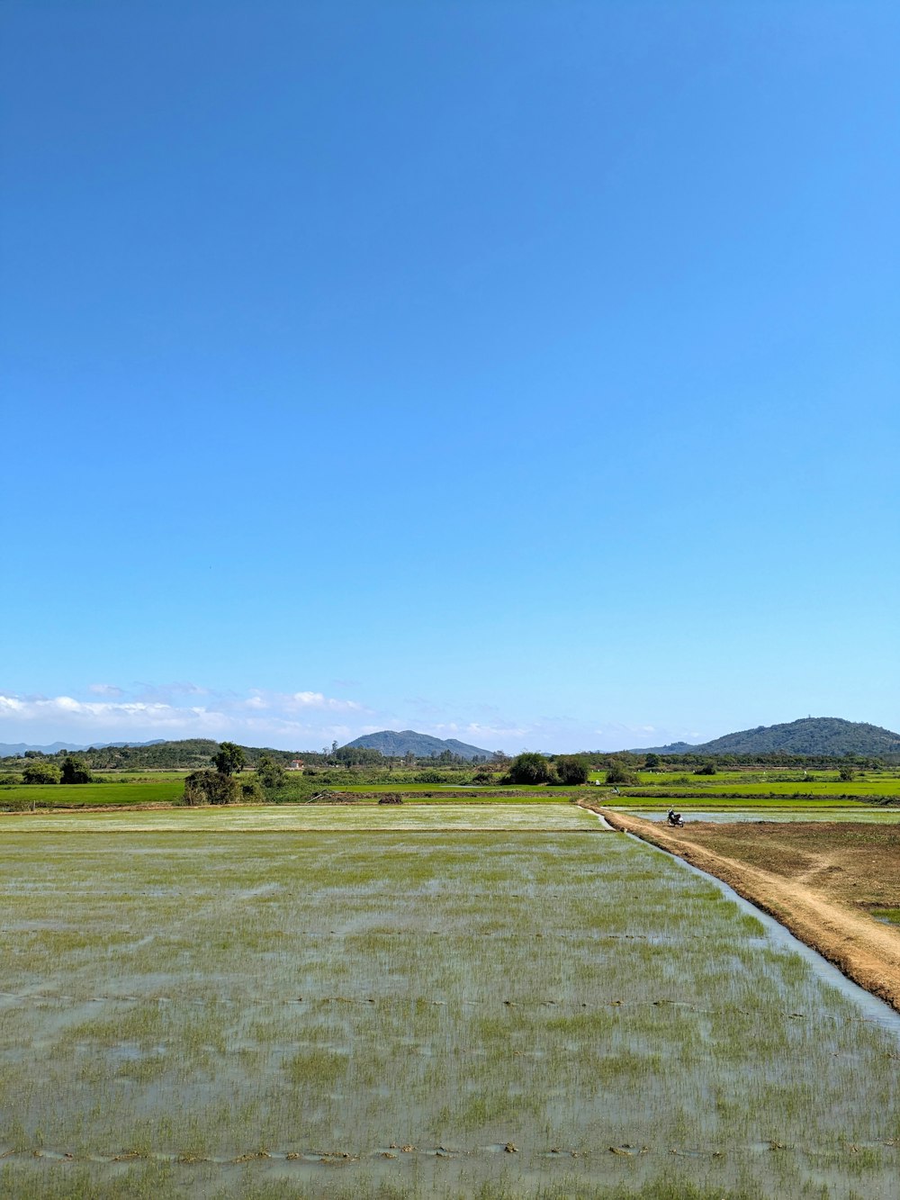 a large open field with a dirt road in the middle of it