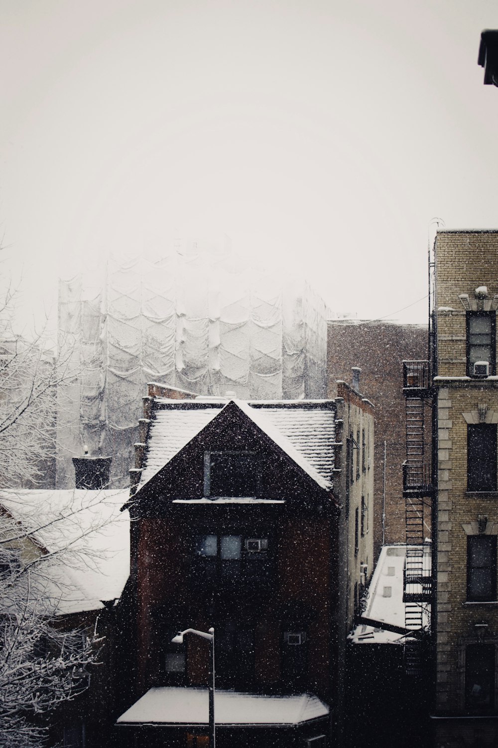 una vista nevada de edificios y una farola
