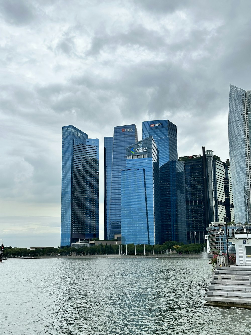 a large body of water next to tall buildings