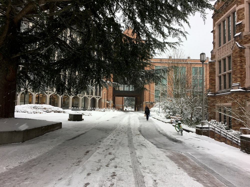 a person walking down a snow covered street