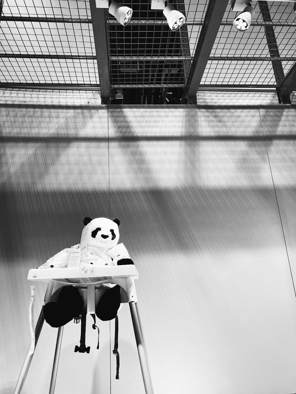 a black and white photo of a panda bear in a high chair