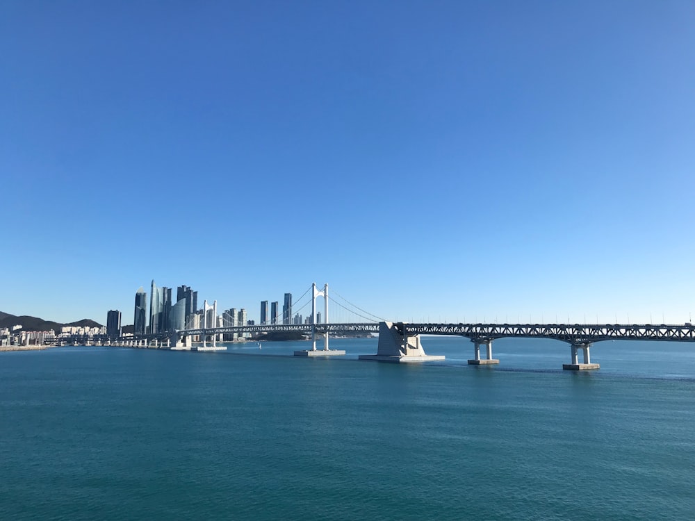 a bridge over a body of water with a city in the background