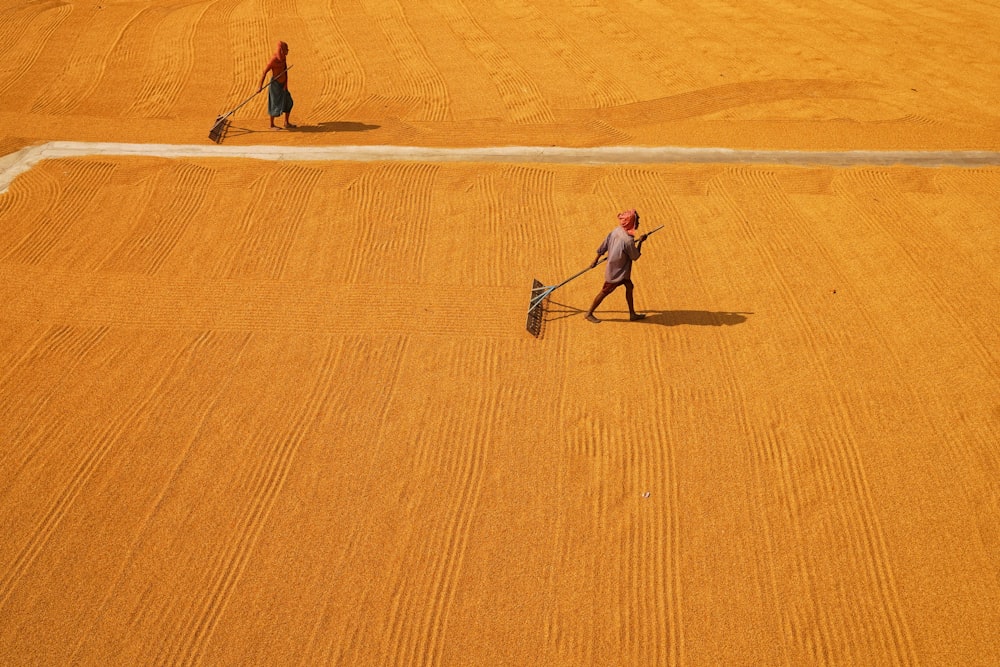 two people walking across a field with a dog