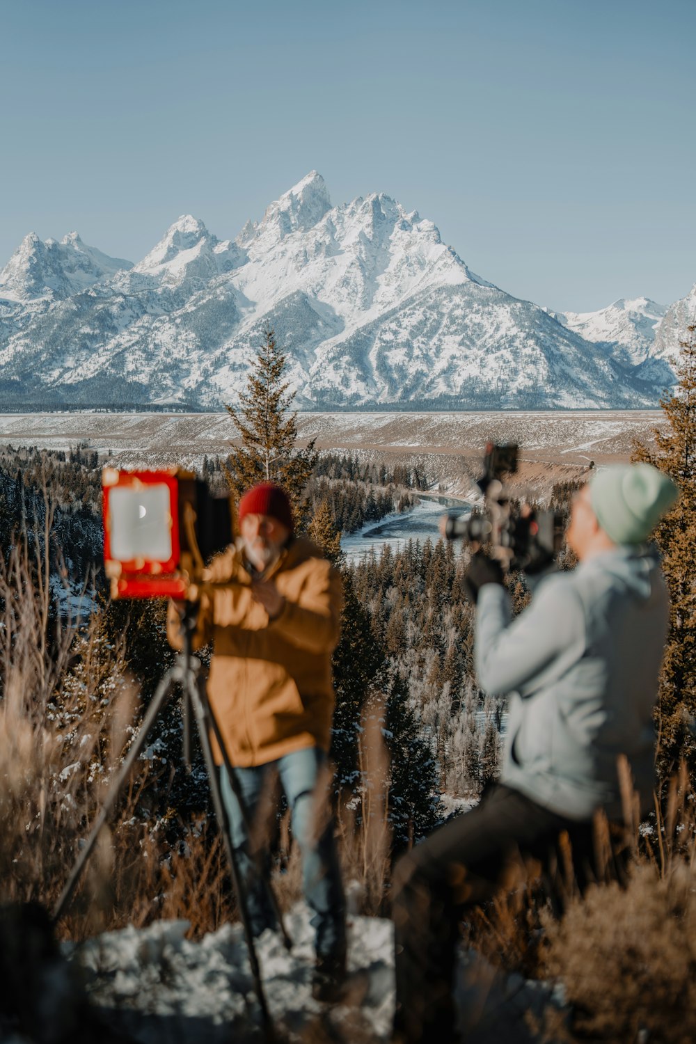 a couple of people that are standing in the grass