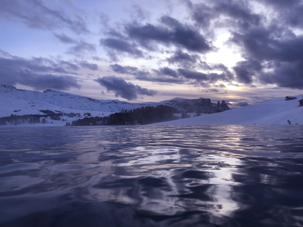 a body of water surrounded by snow covered mountains