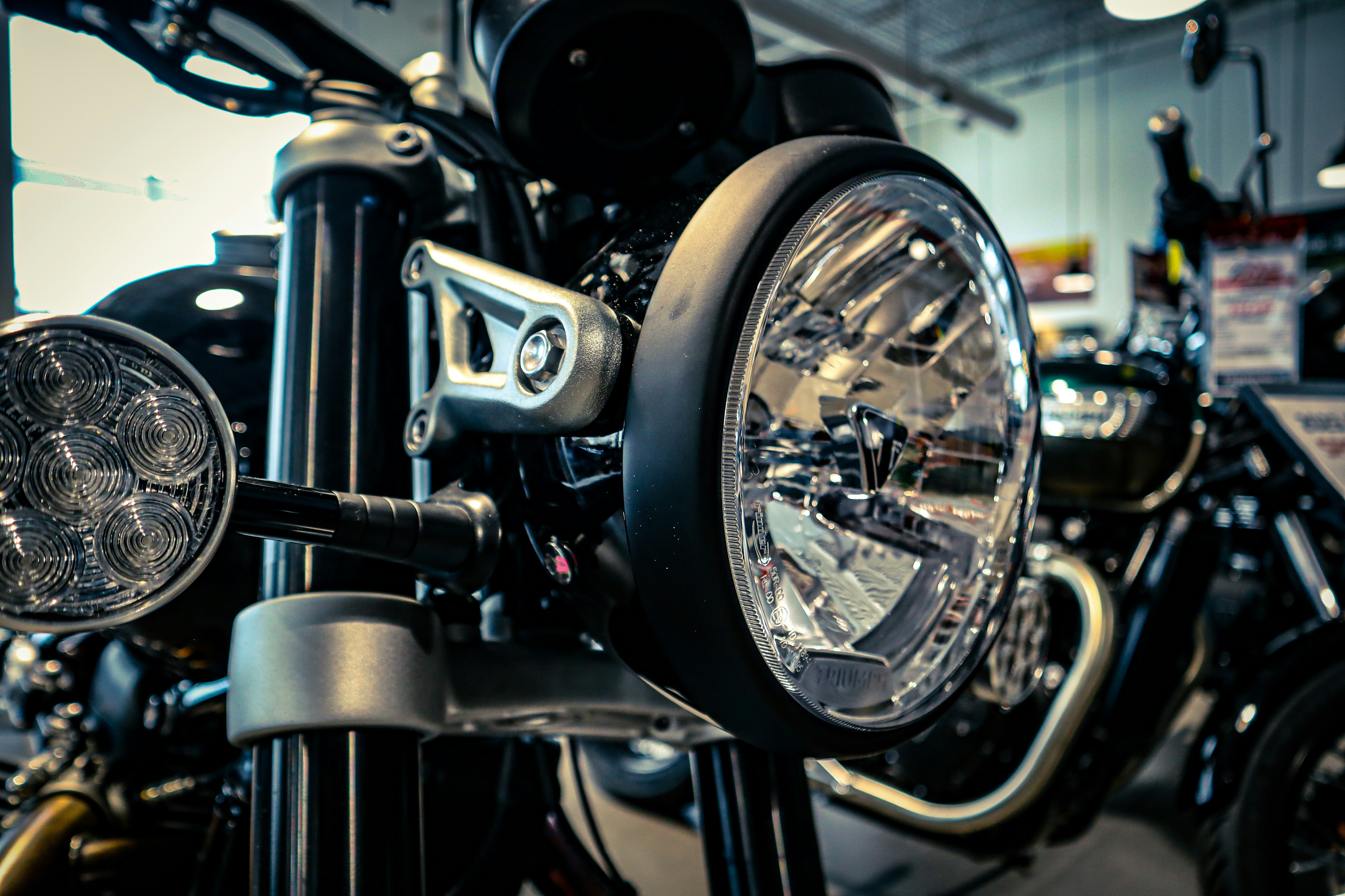 a close up of a motorcycle on display