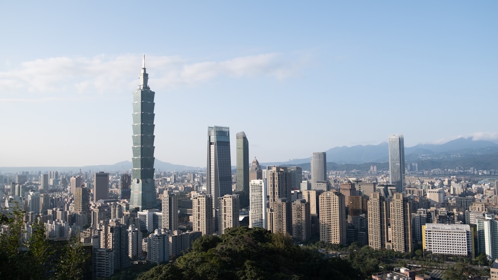 a view of a city with tall buildings