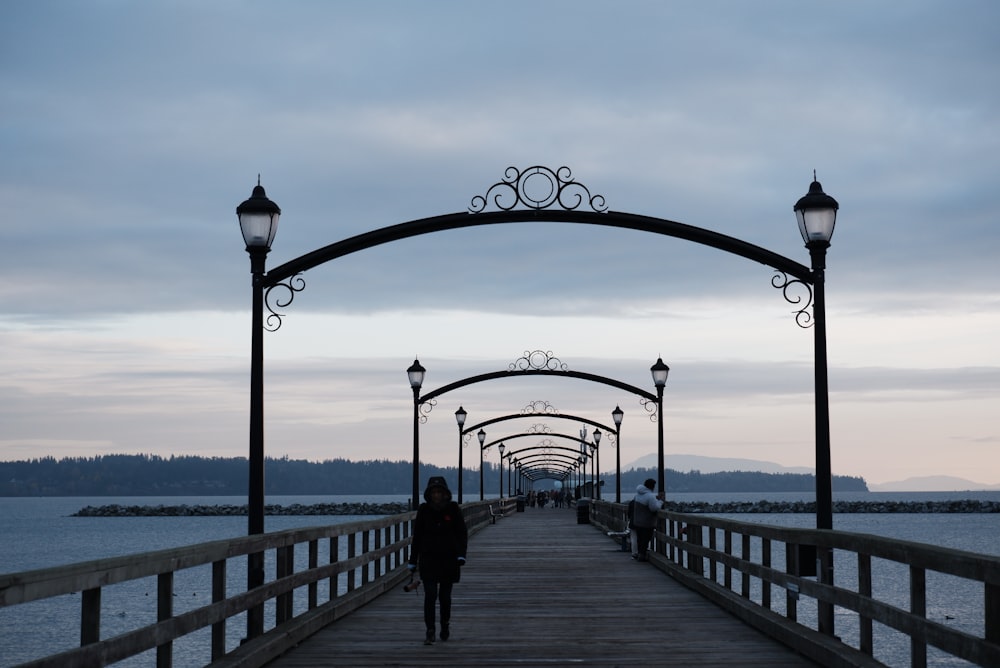 a person walking across a bridge over a body of water