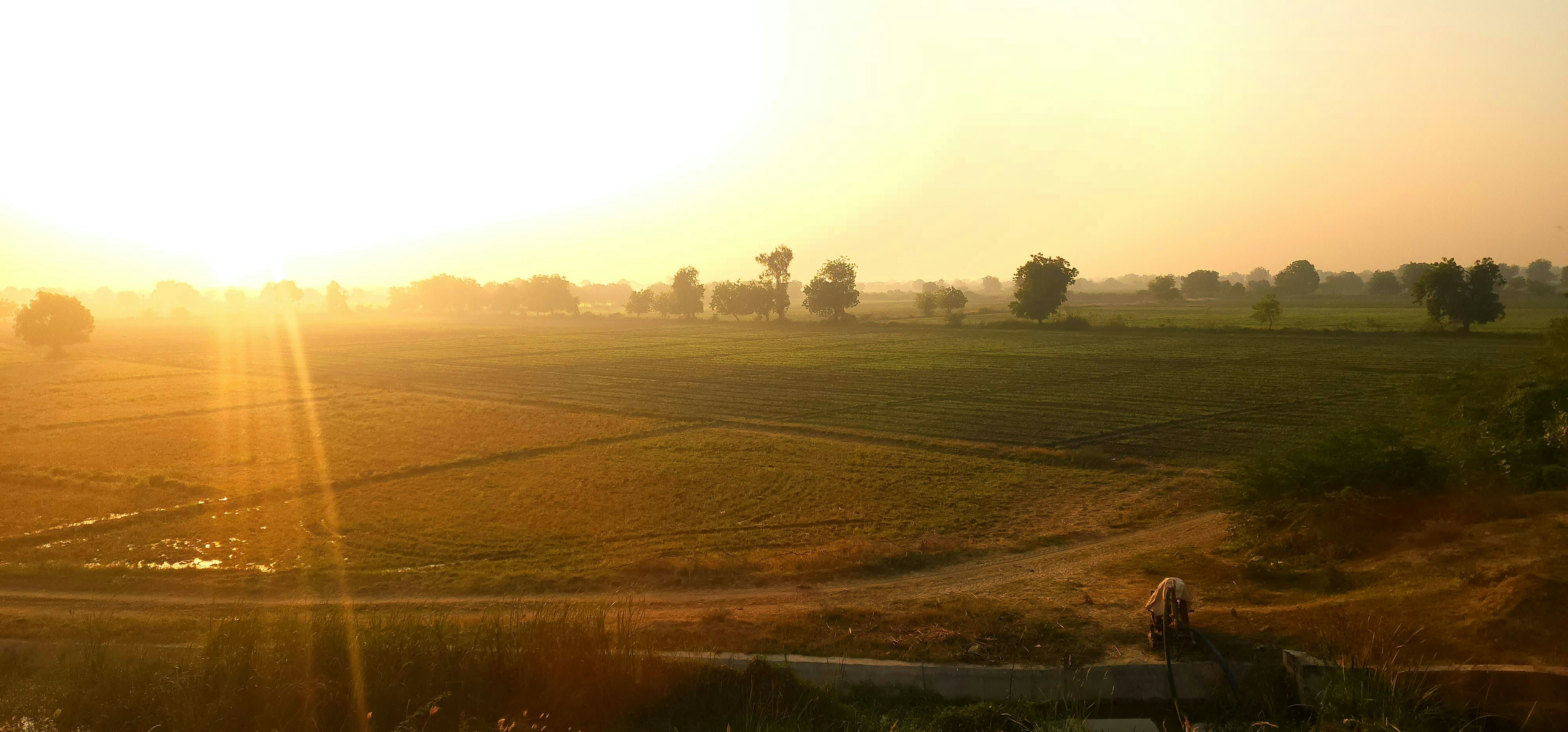 Warm sunrise over green fields near Devanahalli airport, golden light streaming through clouds, peaceful rural landscape