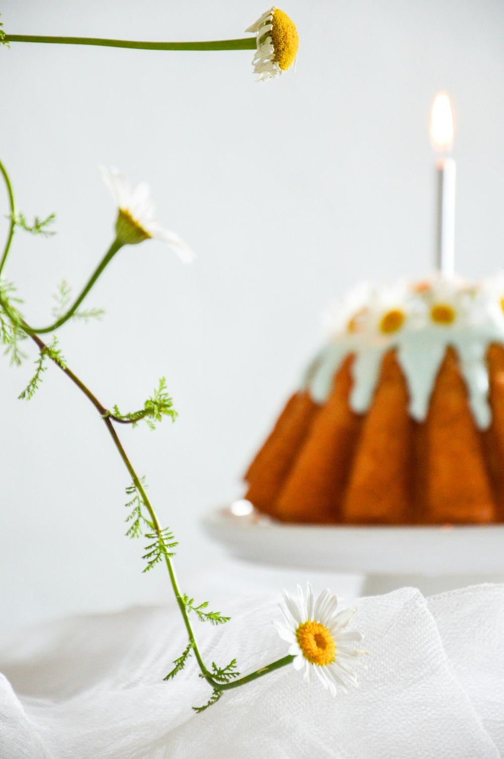 a bundt cake with a single candle on top of it