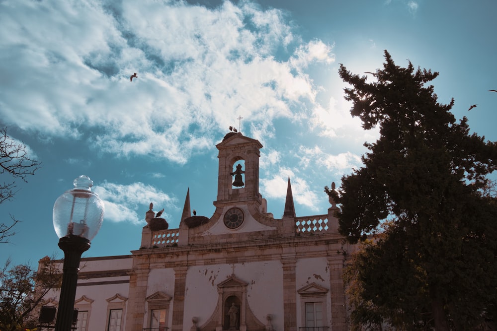 a church with a bell tower and a bird flying in the sky