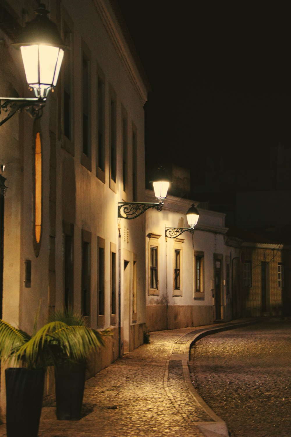 a cobblestone street at night with street lamps and potted plants