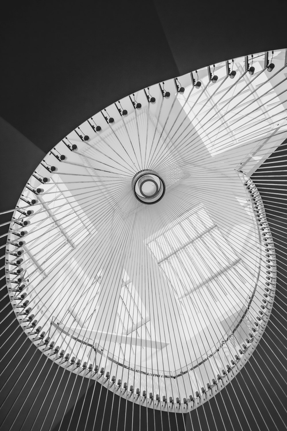 a black and white photo of the ceiling of a building