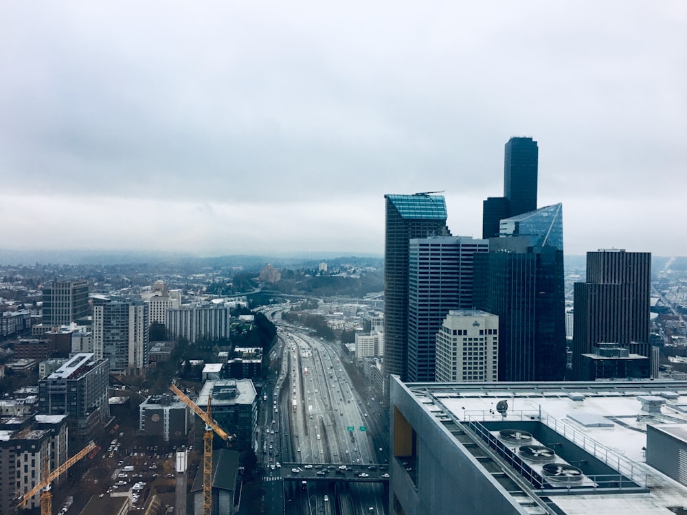 a view of a city from the top of a building