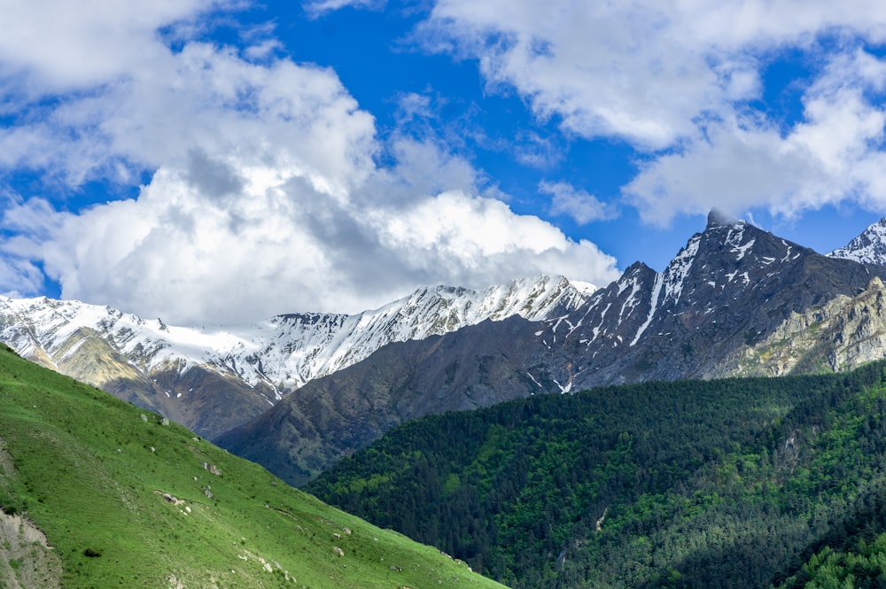 a mountain range with snow capped mountains in the background