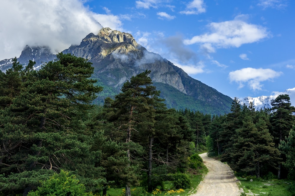 a dirt road with a mountain in the background