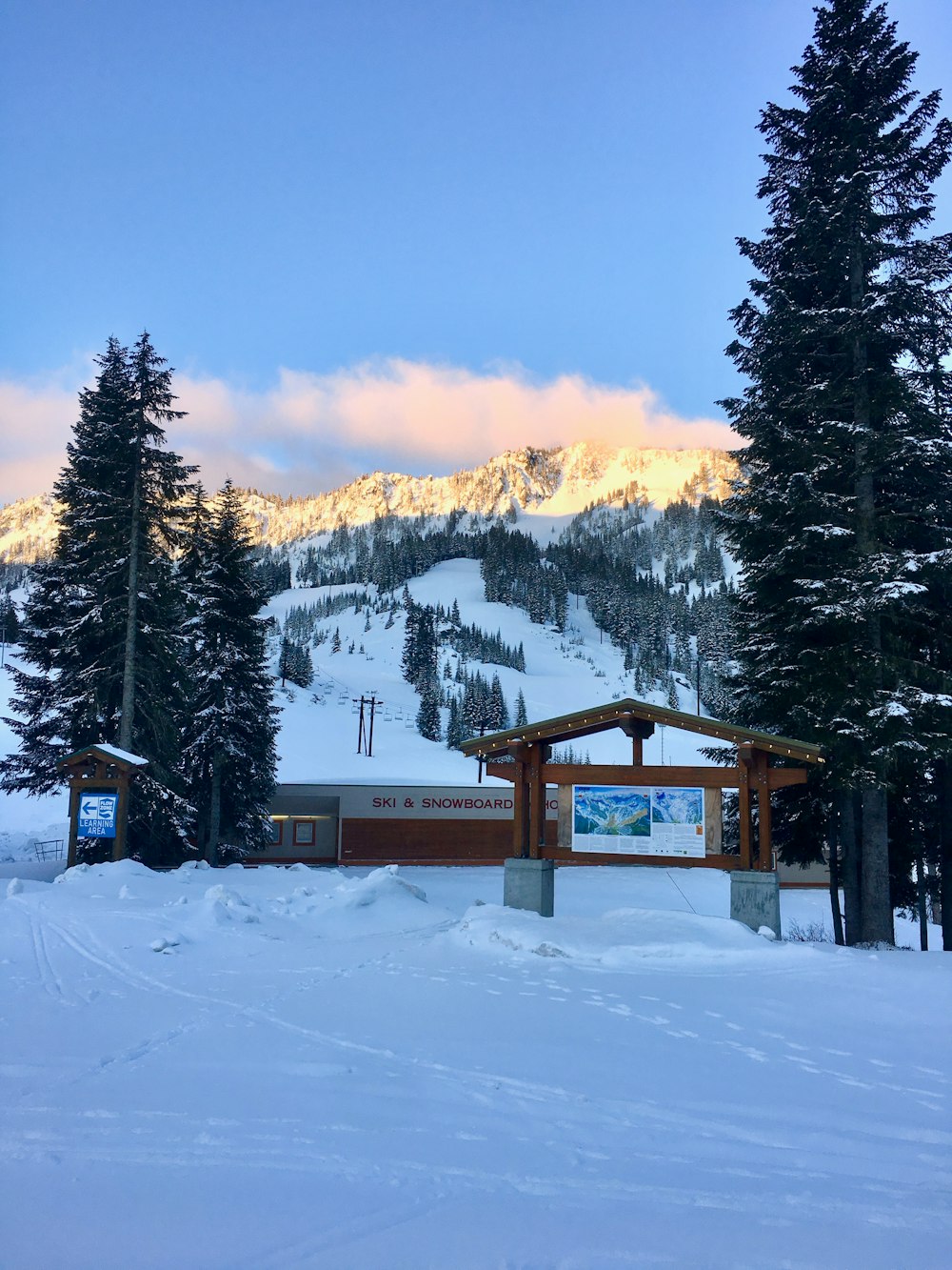 a ski resort with a mountain in the background