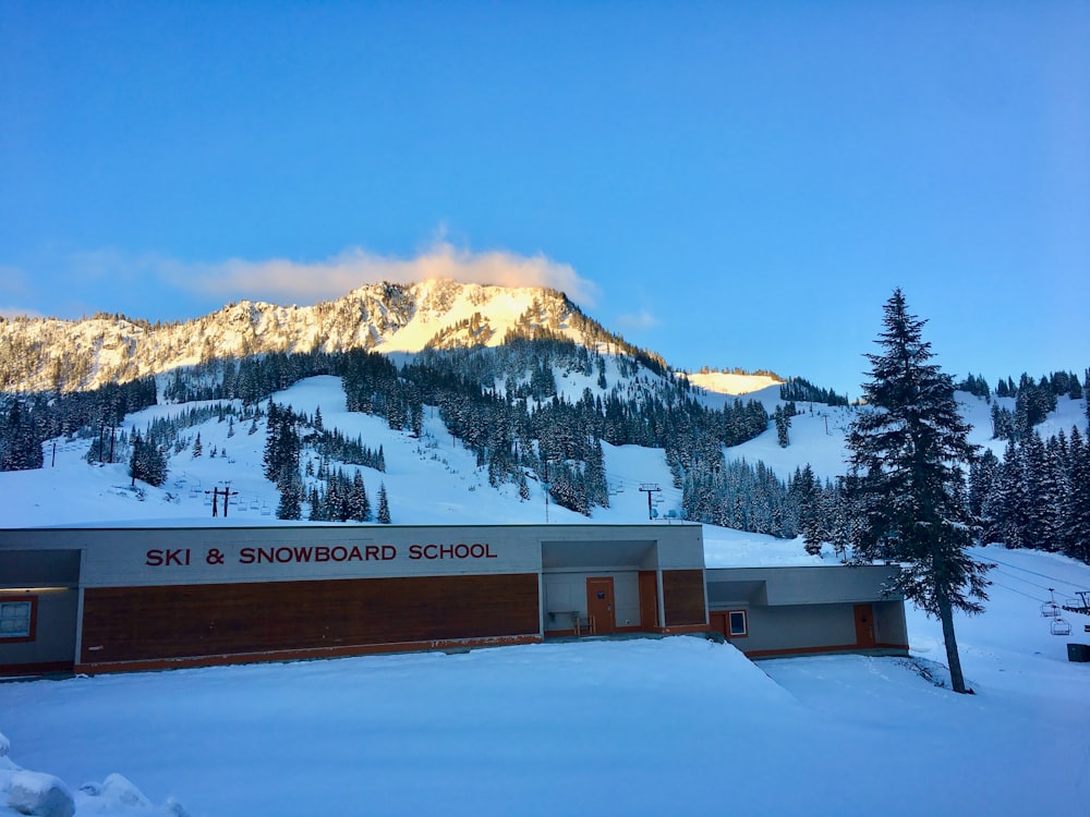 a building with a mountain in the background