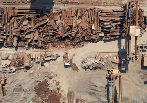 an aerial view of a construction site with lots of wood