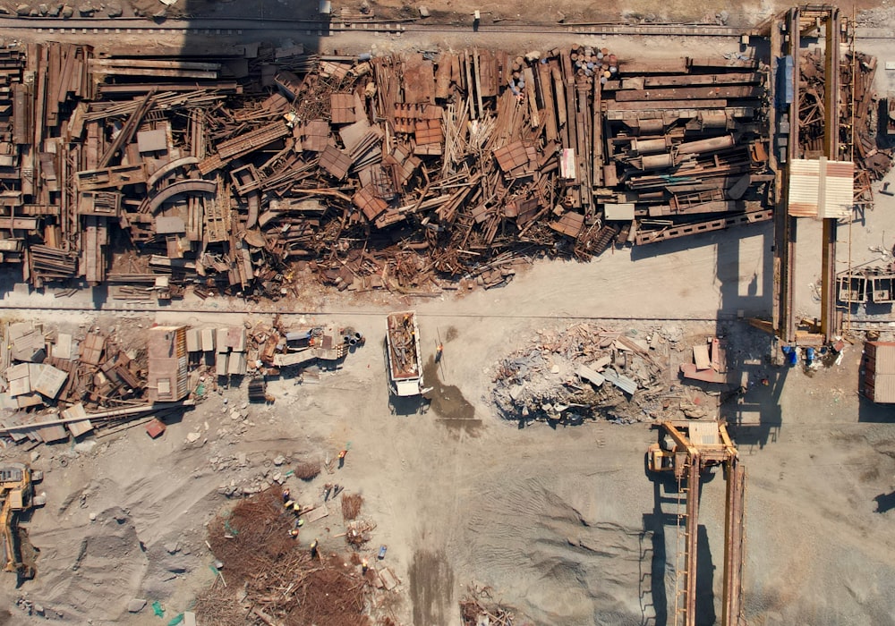 an aerial view of a construction site with lots of wood