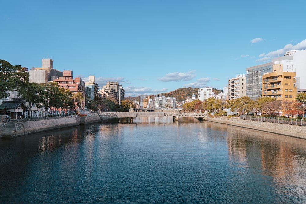 a river running through a city next to tall buildings