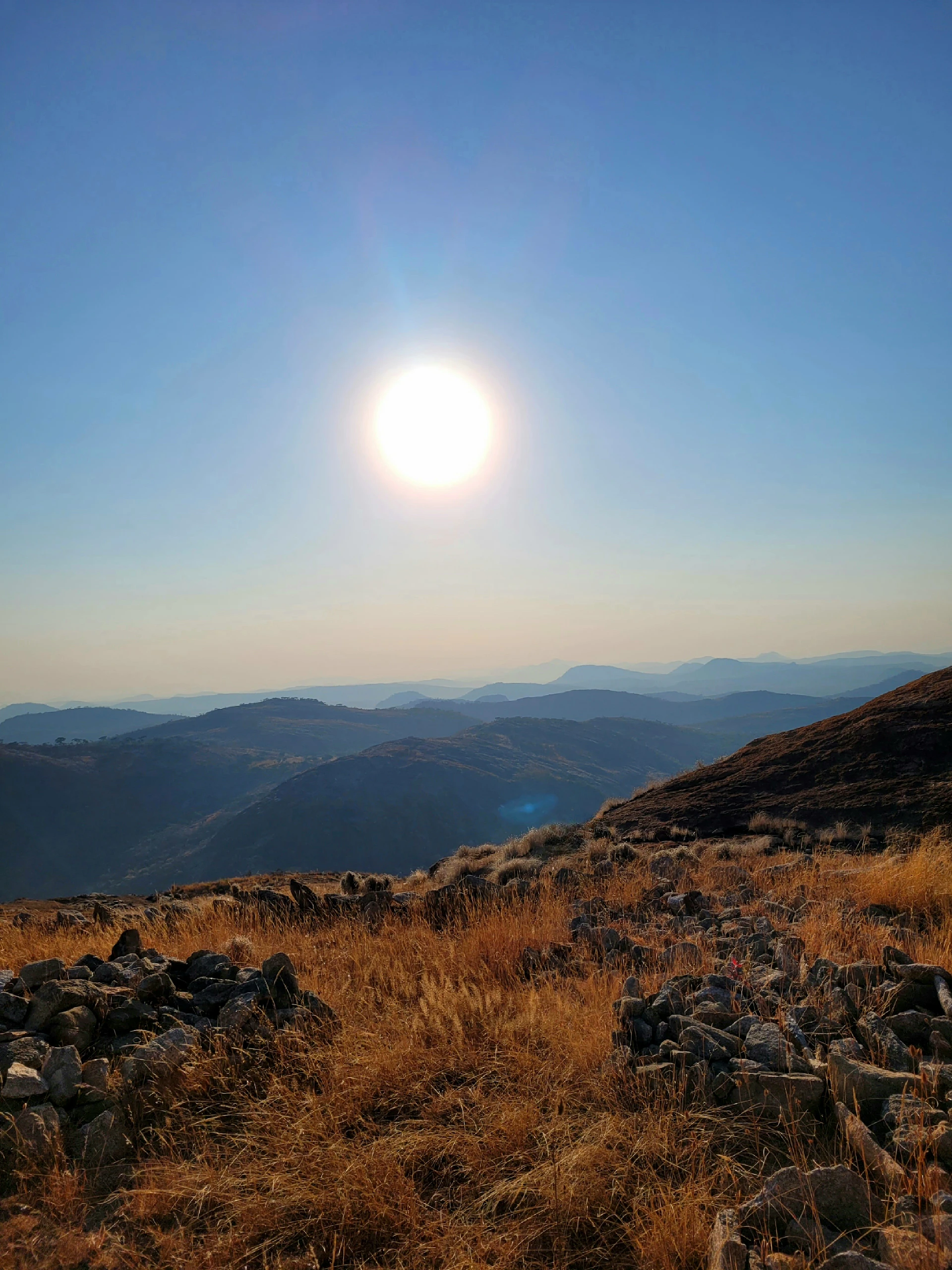 the sun shines brightly over a rocky hillside
