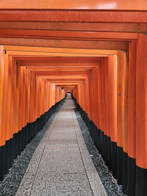 a walkway lined with orange and black columns