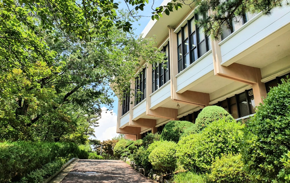 a walkway leading to a building with trees and bushes