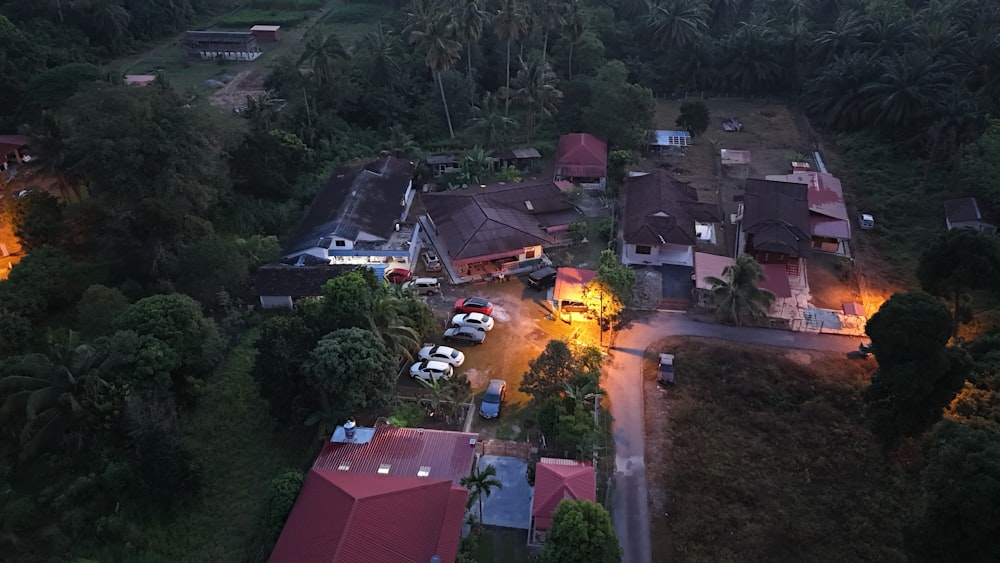 an aerial view of a village at night