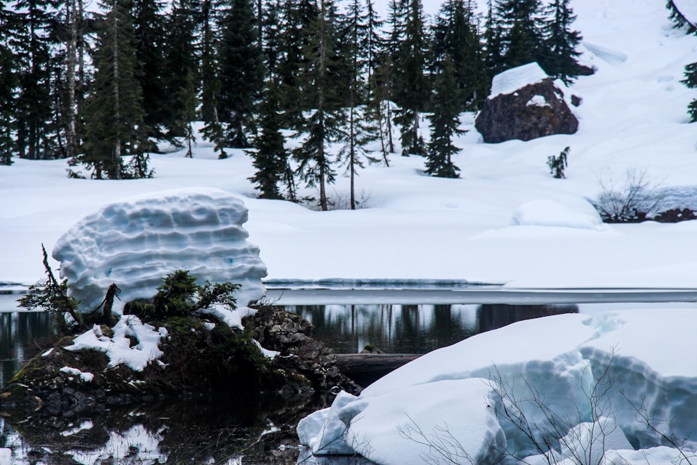 a snow covered rock sitting next to a body of water